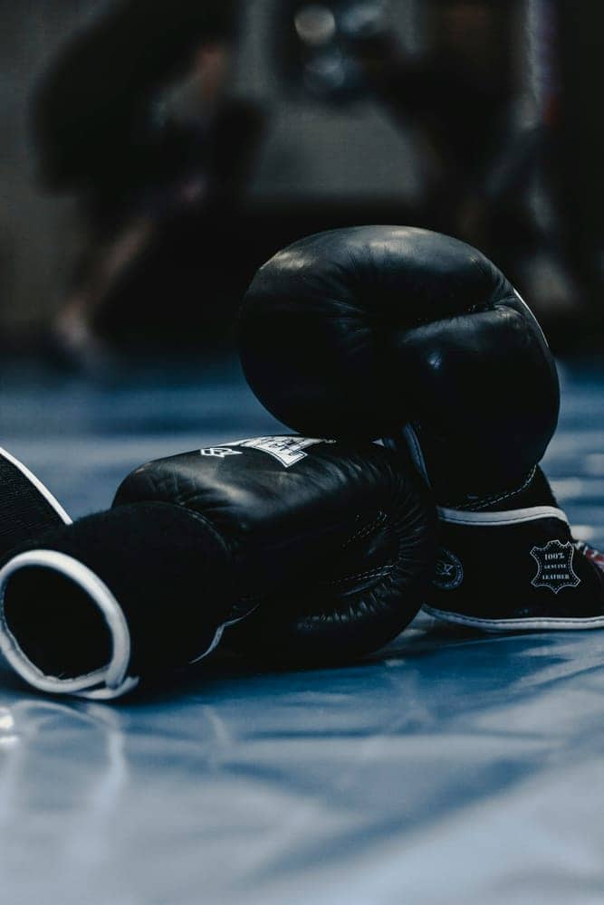 Black boxing gloves resting on the mat between rounds