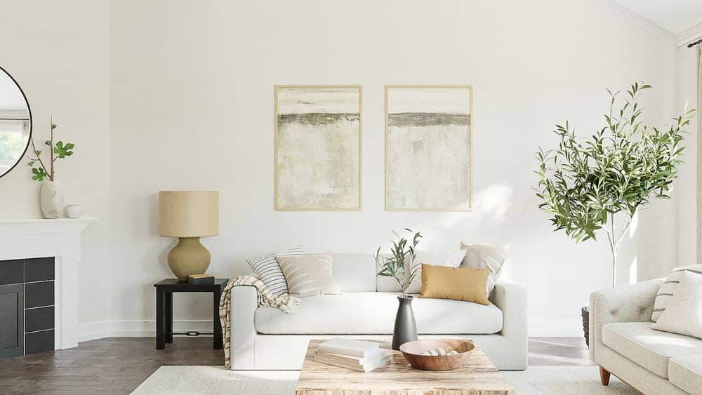Bright living room with freshly painted white walls