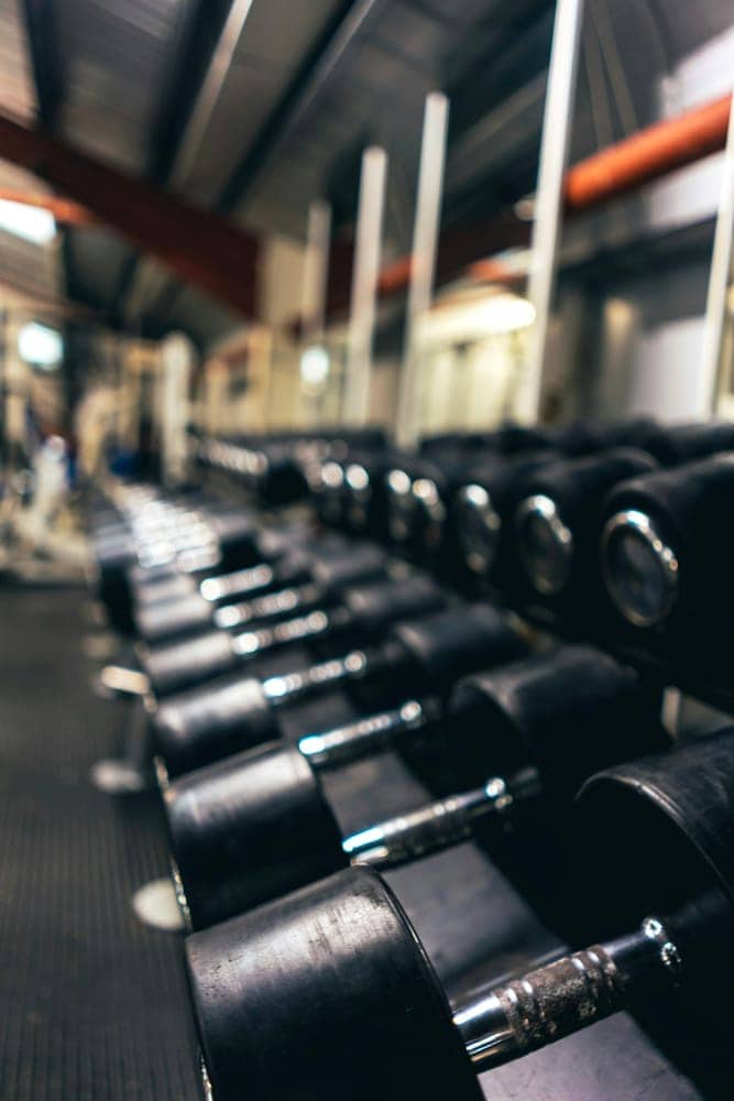 Rows of dumbbells racked in a strength gym